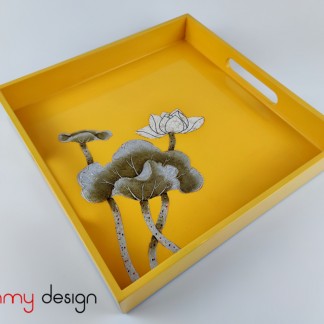 Yellow square lacquer tray hand-painted with lotus 27 cm